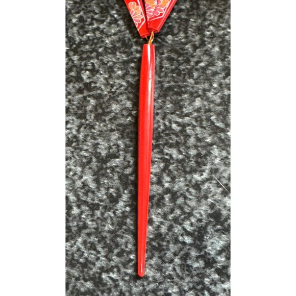 Vtg Japanese Kanzashi Hair Stick Red Hand Painted 3 Fan On Metal Lacquer